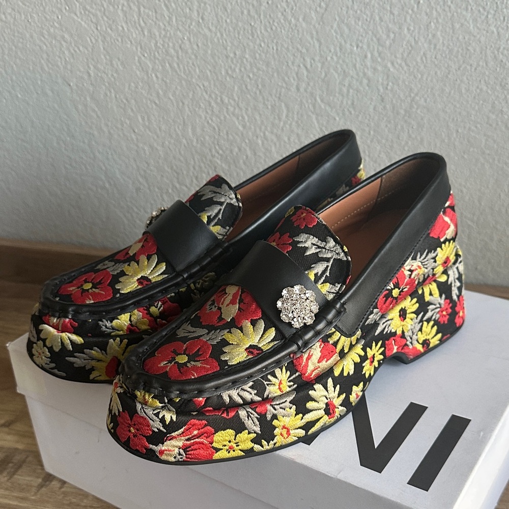 Ganni Black Floral Embroidered Loafers